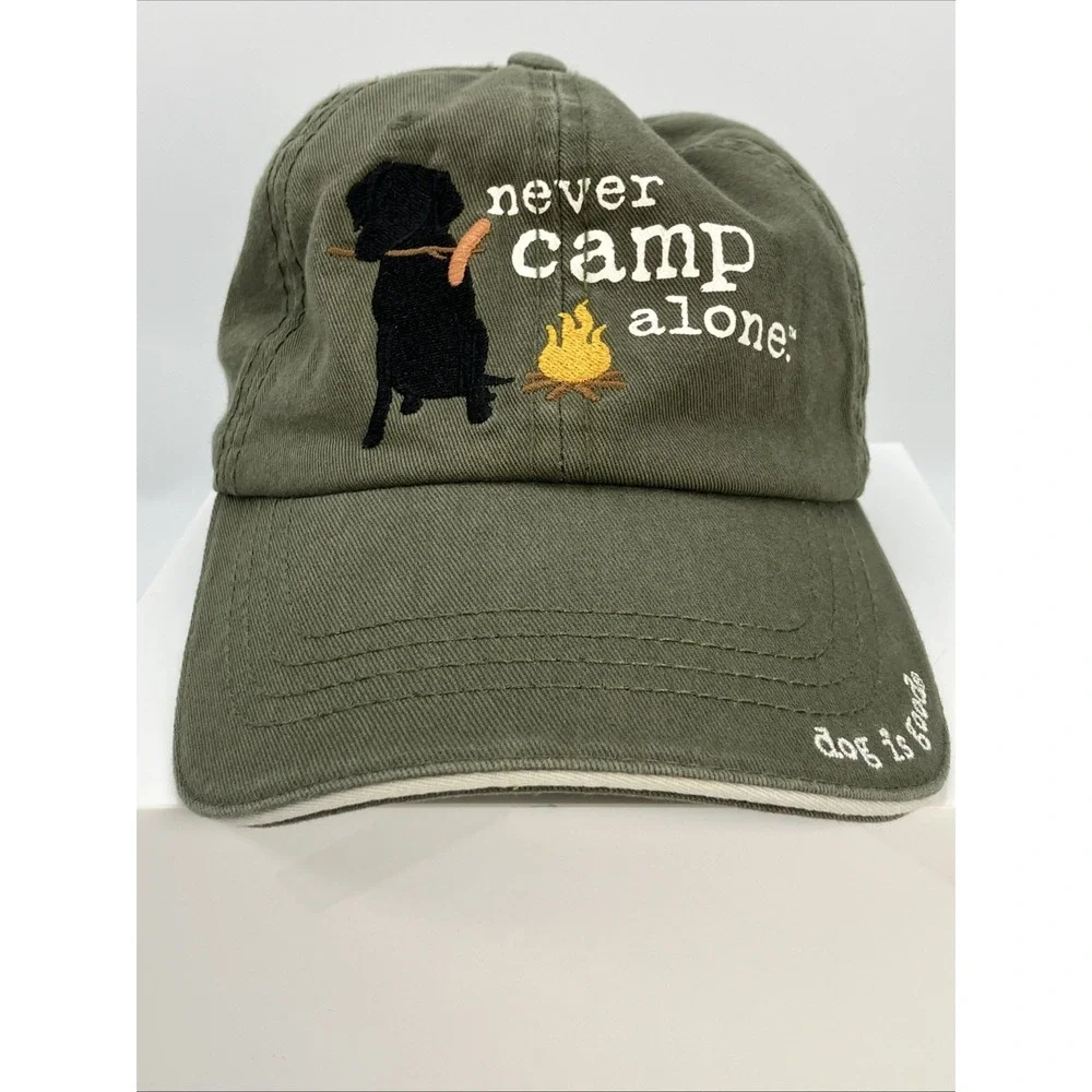 Dog Is Good Never Camp Alone Strap Back Dad Hat Adjustable Cap Dog Lover Camping